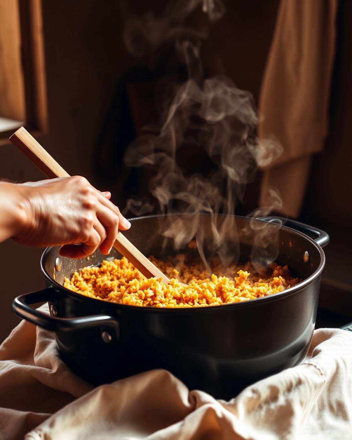 Hands stirring a pot of jollof in the Aador's Kitchen kitchen