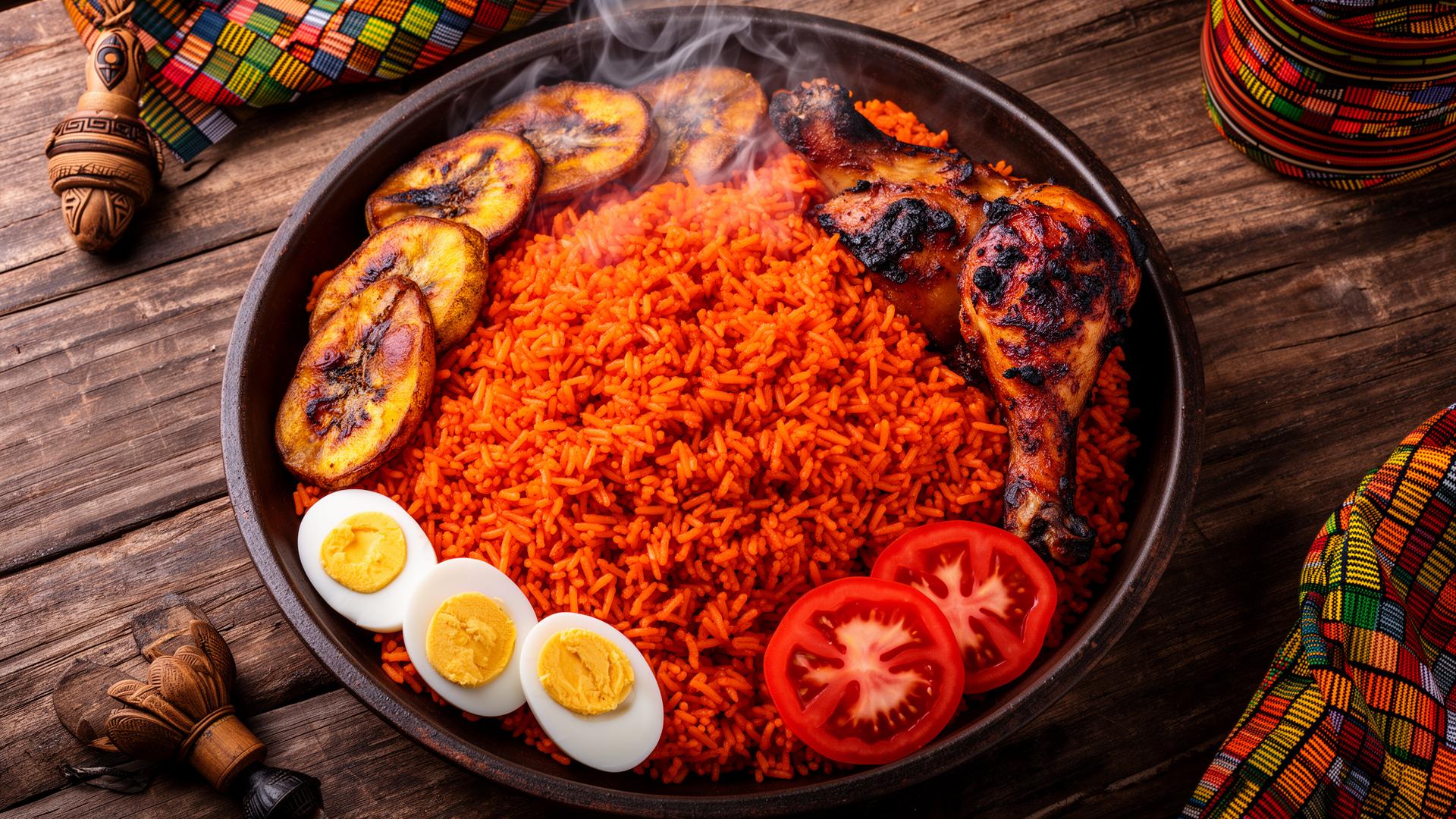 A Ghanaian jollof rice platter styled on a rustic wooden table